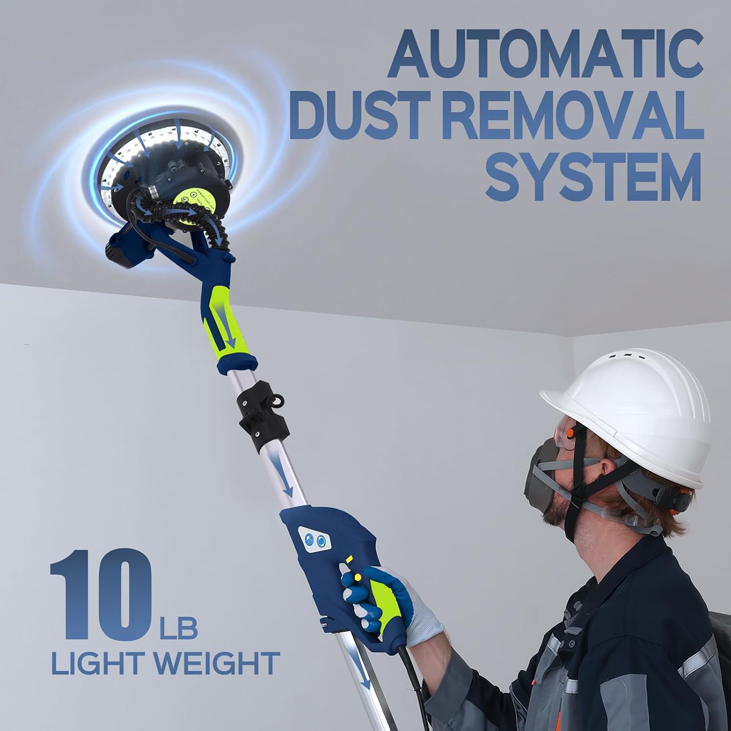Drywall Sander, 2025 Upgraded 8-Amp Popcorn Ceiling Removal Tool with 7 Variable Speed 800-1800RPM, Drywall Sander with Vacuum Dust Collector with Extendable Handle, LED Light,12pcs Sanding Discs,Blue