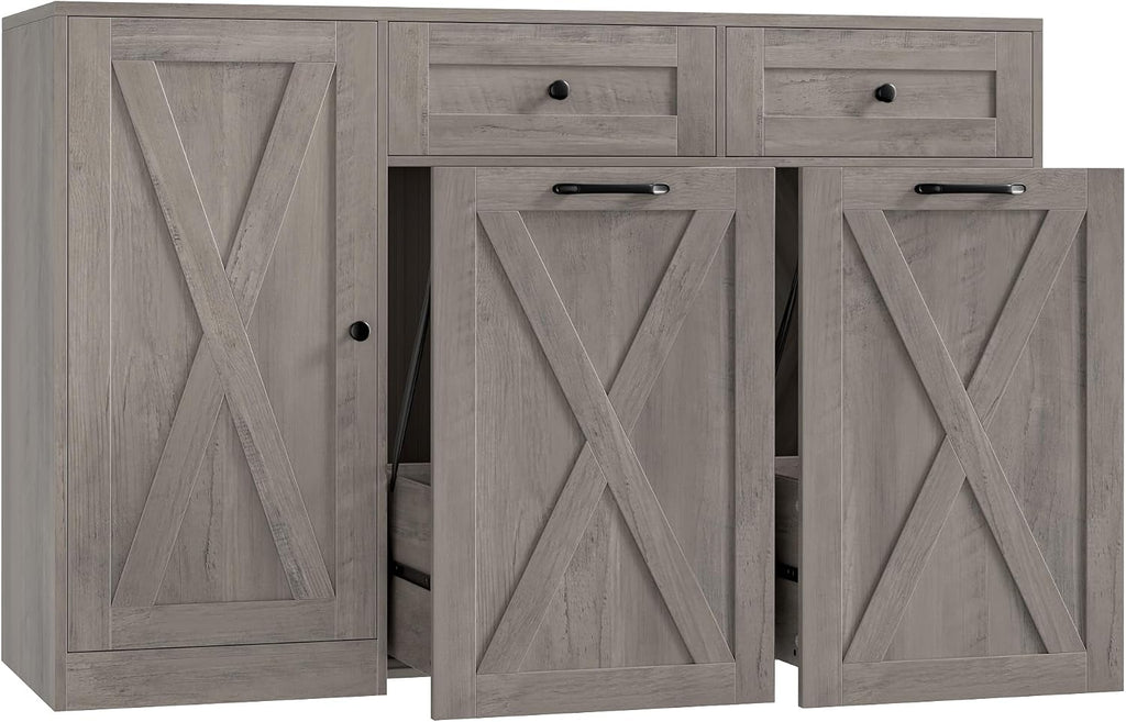 HOSTACK 12.5 Gallon Kitchen Trash Cabinet, 47' Double Trash Can Cabinet, Large Pull Out Can Storage Drawers, Wood Farmhouse Hidden Garbage Storage Buffet for Kitchen, Dining Room, Ash Grey