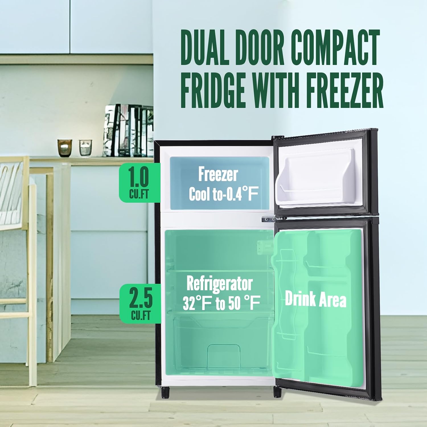 WANAI Mini Fridge with Freezer Small Double Door Refrigerator Freezer-on-Top, Black Fridge with 7 Adjustable Thermostat and Adjustable Shelves