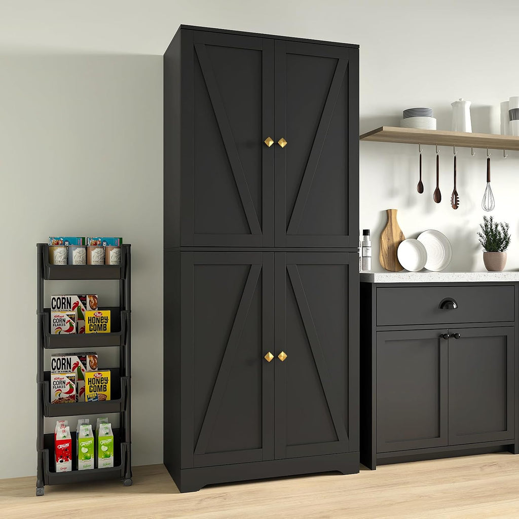 Kitchen Pantry Cabinet Set of 2, 72' Tall Farmhouse Storage Cabinet with 4 Barn Doors and Adjustable Shelves, Pantry Storage for Kitchen, Living Room, Black