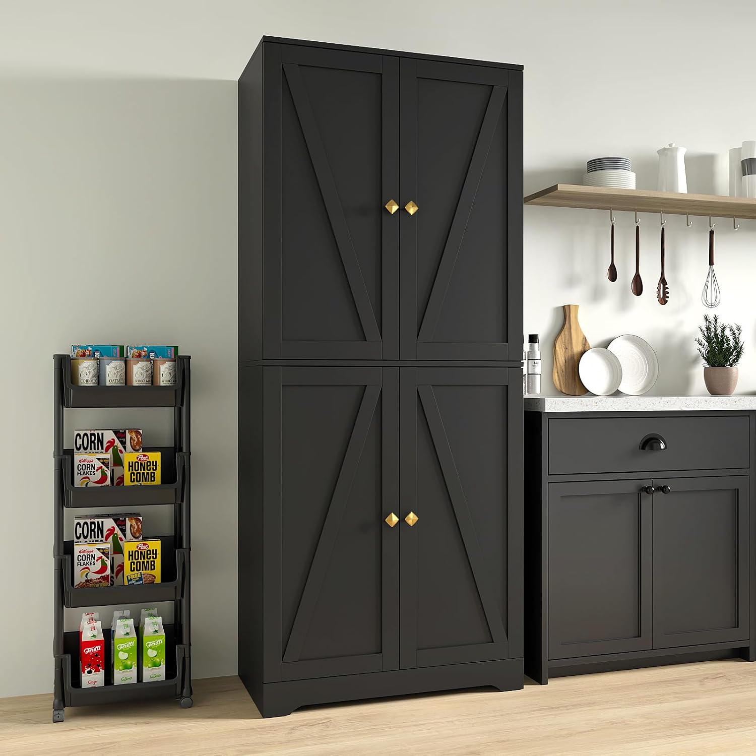 Kitchen Pantry Cabinet Set of 2, 72' Tall Farmhouse Storage Cabinet with 4 Barn Doors and Adjustable Shelves, Pantry Storage for Kitchen, Living Room, Black