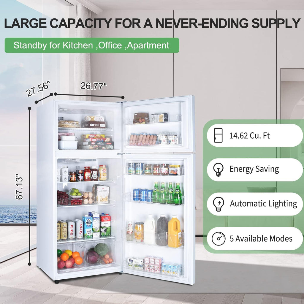 14.6 CU' Refrigerator with Freezer, Apartment Size Refrigerator Top Freezer, 2 Door Fridge with Adjustable Thermostat Control, Freestanding, Door Swing, White (FR 1462 WH)