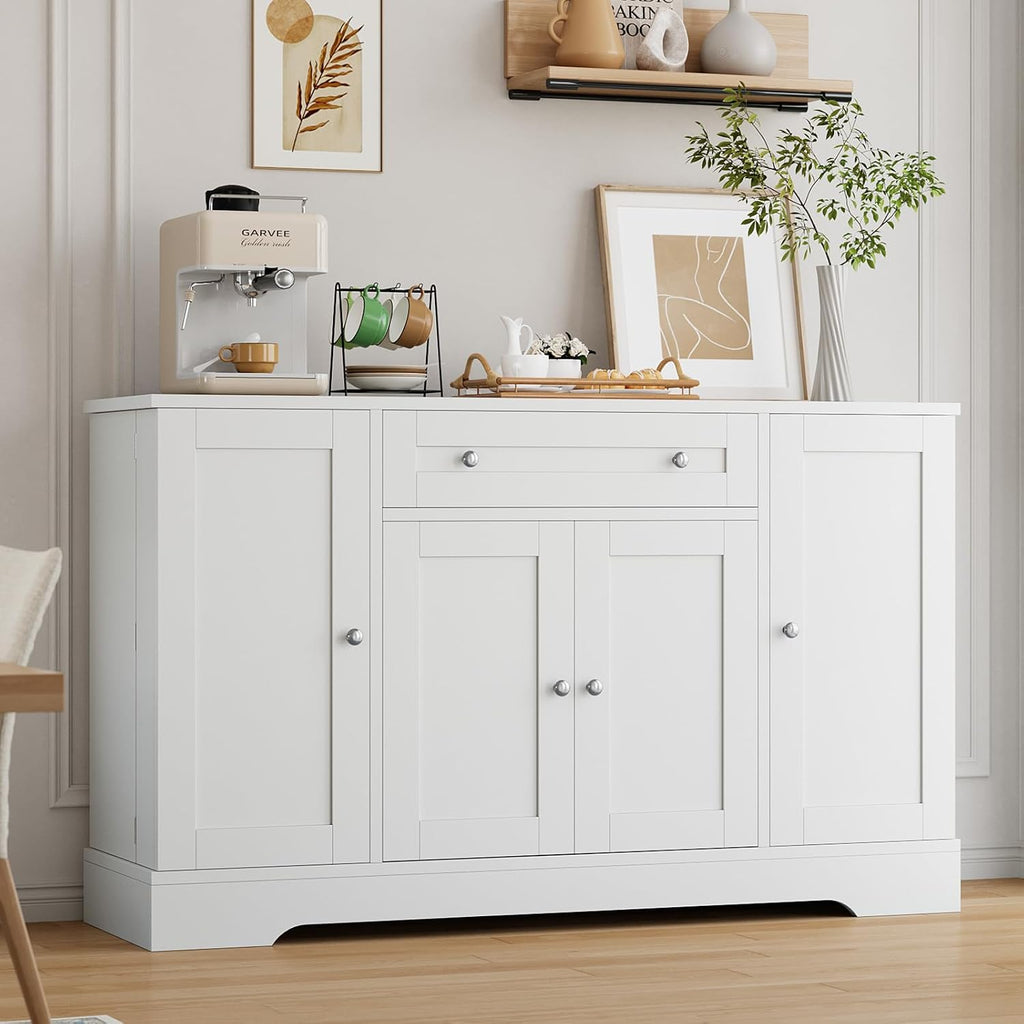 Modern Sideboard Buffet Cabinet with Storage, 55 in Wood Coffee Bar Cabinet with Drawer, Shelves & Door Shelves, Buffet Table Credenzas for Kitchen Dining Room Living Room, White
