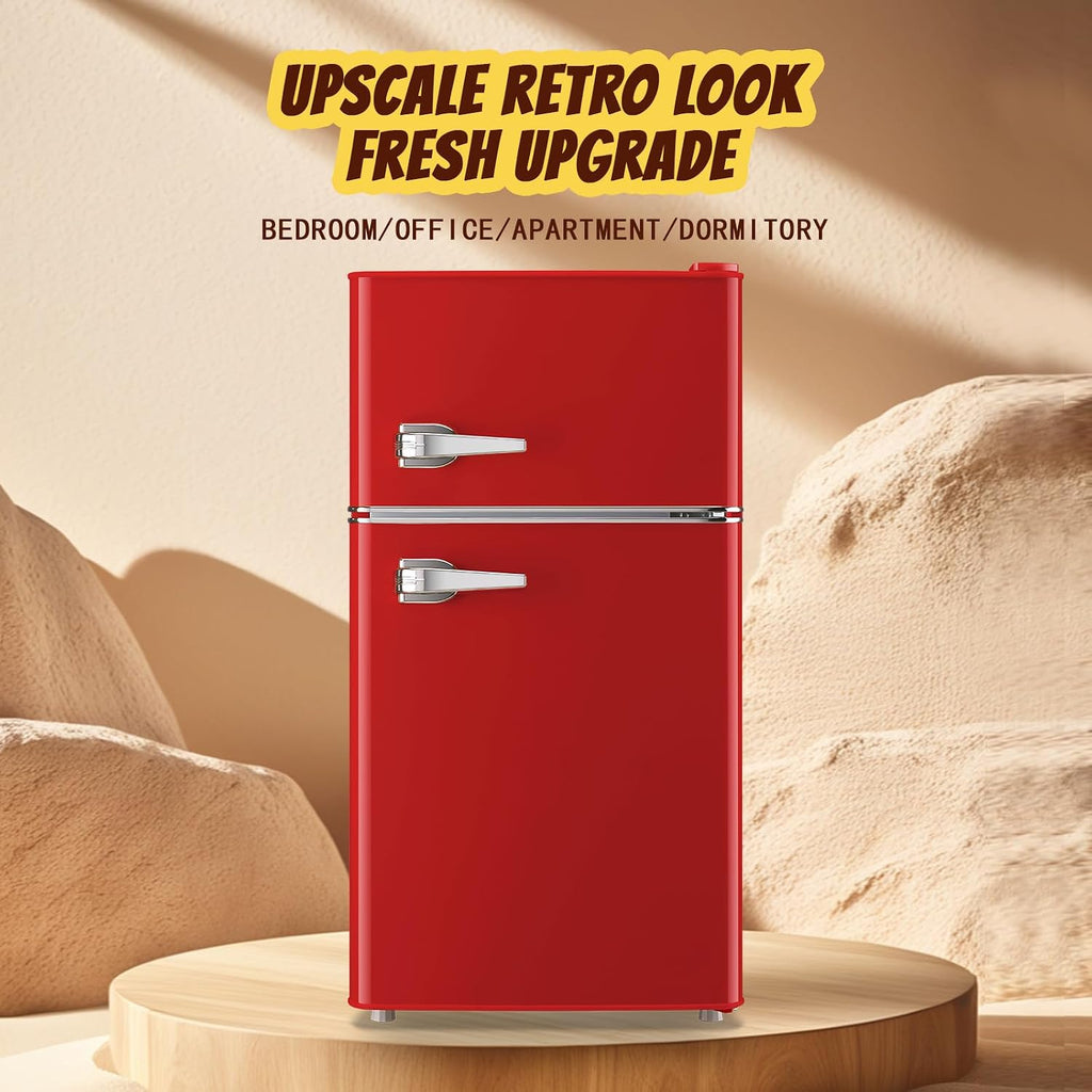 Small Fridge with Freezer Mini Refrigerator Double door Removable Glass Shelves 7 Temp Gear Detachable Handle Red