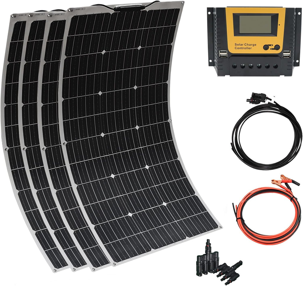 XINPUGUANG Flexible Solar Panel 100W 12V Monocrystalline 400W Solar Kit 40A Charge Controller Extension Cable Battery Cable Off-Grid for RV Boat Cabin Tent Car (400W-1)