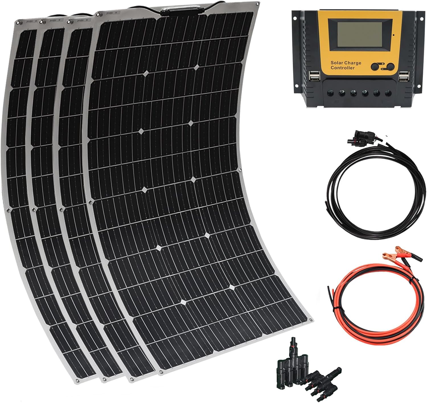 XINPUGUANG Flexible Solar Panel 100W 12V Monocrystalline 400W Solar Kit 40A Charge Controller Extension Cable Battery Cable Off-Grid for RV Boat Cabin Tent Car (400W-1)