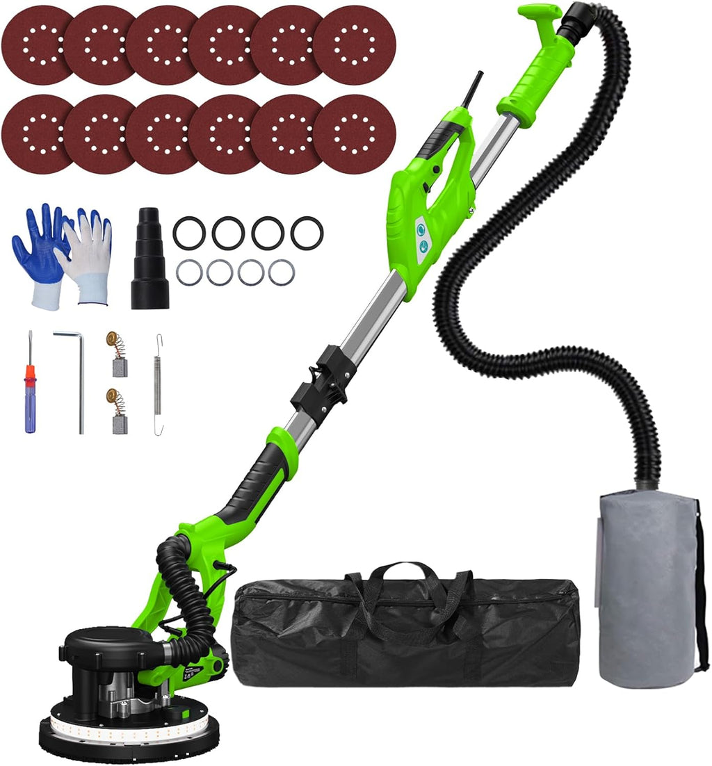 Drywall Sander, Popcorn Ceiling Removal Tool with 7 Variable Speed 800-1800RPM, 2026 Upgraded 8-Amp Drywall Sander with Vacuum Dust Collector with 12pcs Sanding Discs, Extendable Handle, LED Light