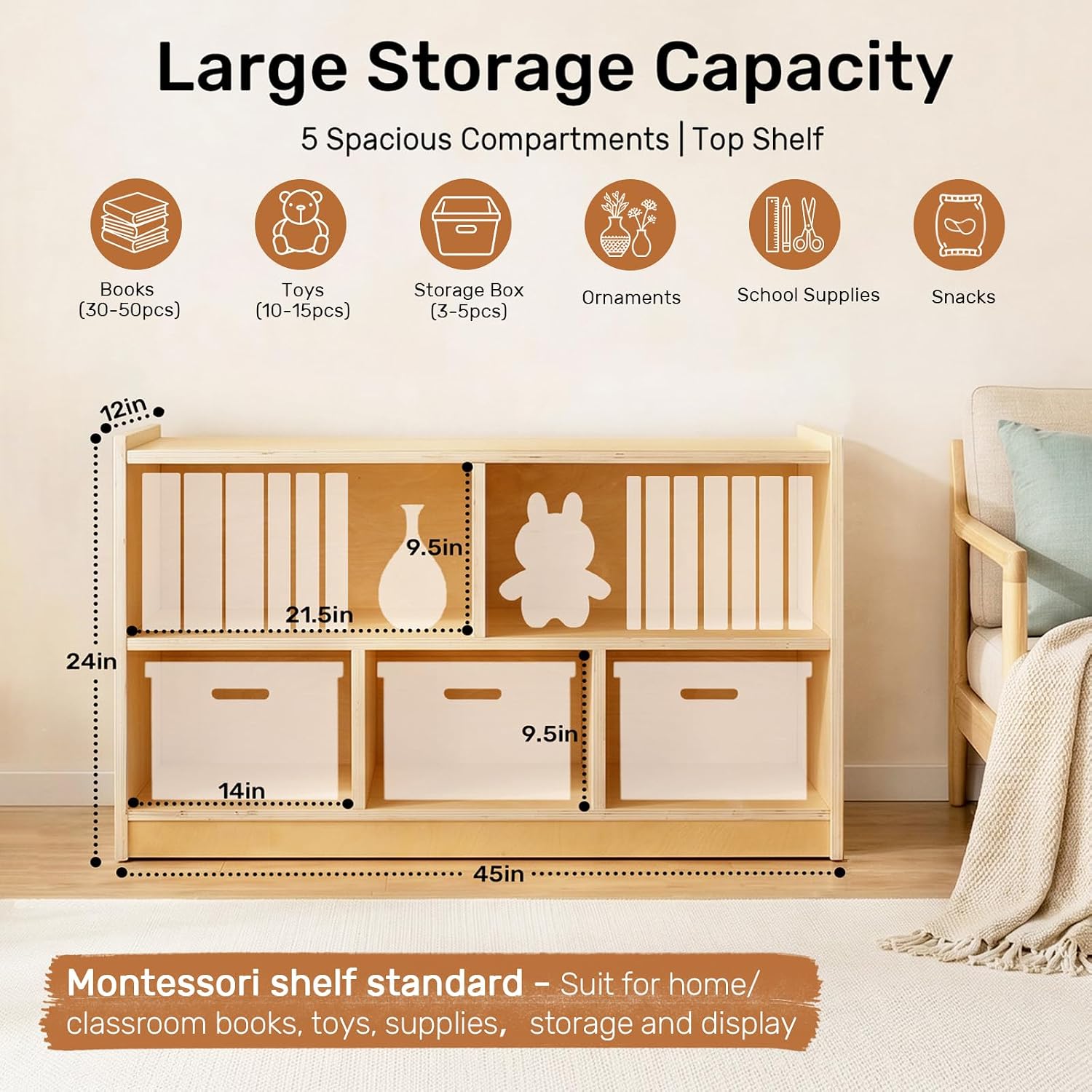 WINGYZ Montessori Bookshelf, 5-Section Wooden Storage Cabinet, Toy Storage Organizer with Kids Bookshelf, FSC Safety Montessori Toy Book Shelf for Kids Rooms, Classroom, Playroom, Daycare, Preschool