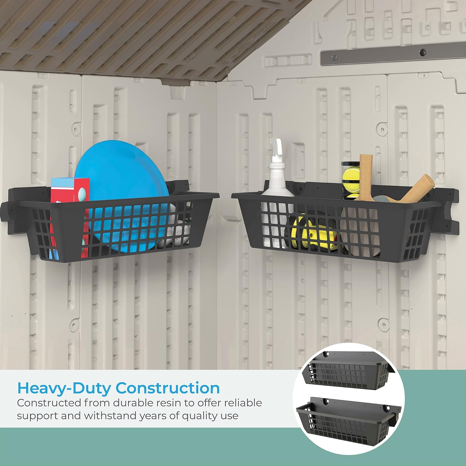 Suncast 8 Pack Accessory Baskets, Resin Organizers for Shed, Black, 25' x 7.25' x 7' - Outdoor Storage, 30 lb Weight Capacity, EZ Bolt Wall-Mount