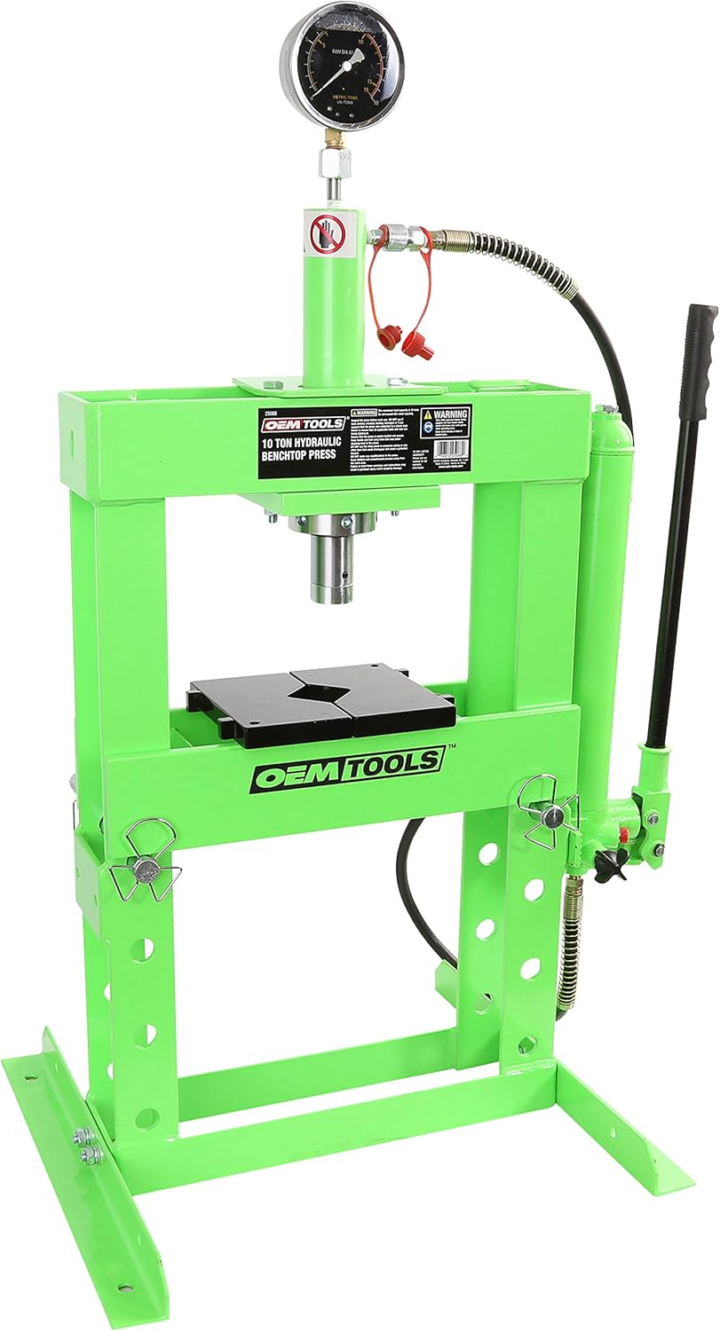 OEMTOOLS 10 Ton Hydraulic Benchtop Press with Double Speed Pump | Compact Design & Huge Power | Straighten, Bend, Press, & Remove Parts & Bearings | Universal Compatibility