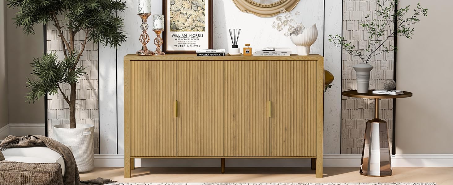 Virubi 58' Fluted Sideboard Buffet Cabinet with Storage,Doors and Adjustable Shelves,Wood Modern Modern Sideboard for Living Room,Kitchen,Entryway,Natural Wood