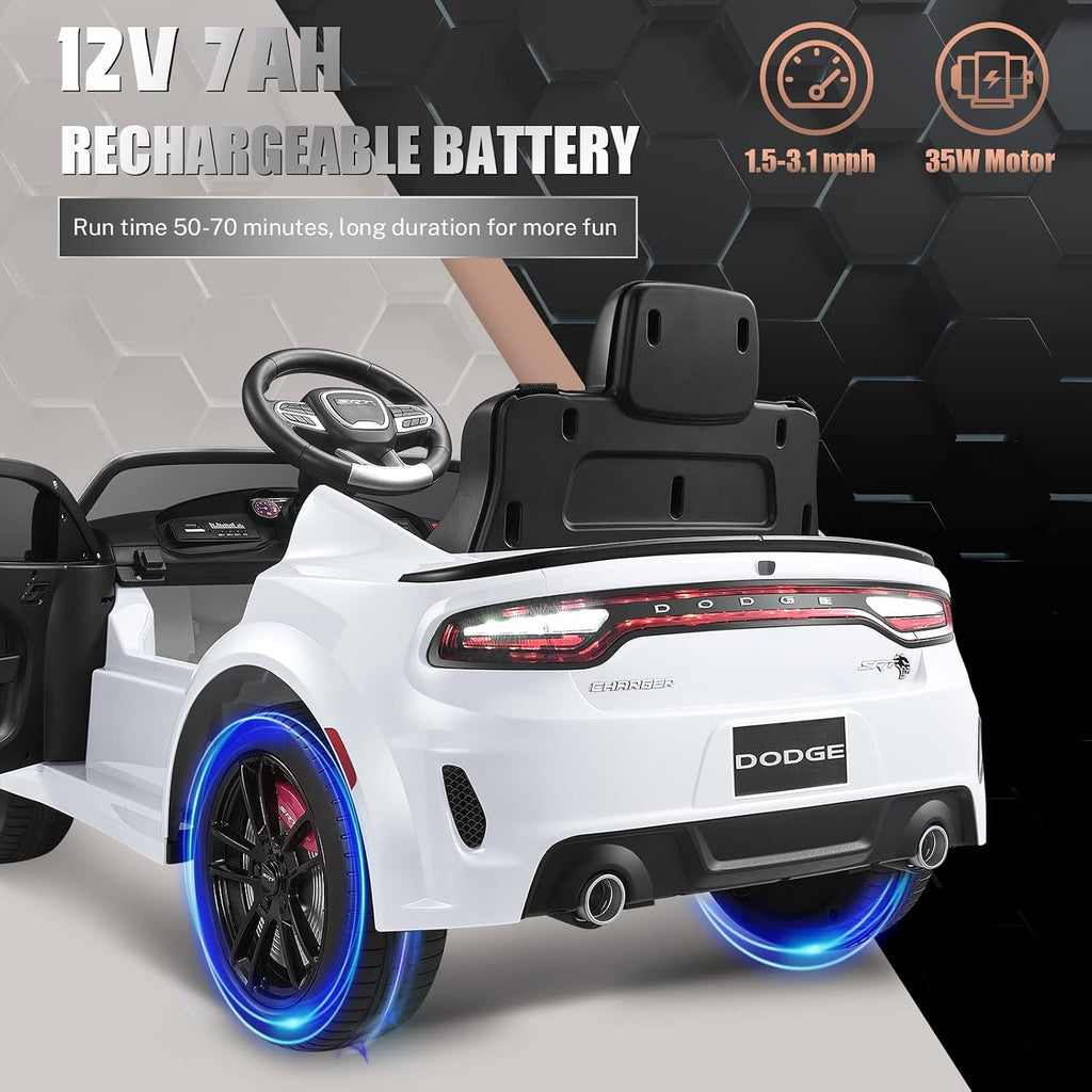 ENYOPRO 12V 7Ah Kids Electric Ride on Car, Licensed Dodge Charger SRT Hellcat, Battery Powered 4-Wheels Toy Car Electric Vehicle for Kids with Remote Control, 3 Speeds, LED Lights, Music (White)