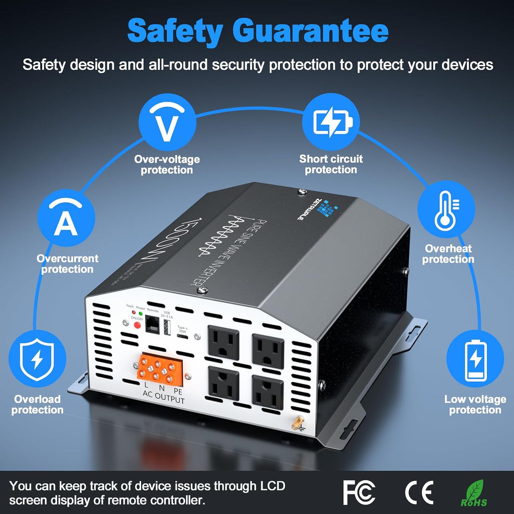 1500W Pure Sine Wave Inverter 12V DC to 110V/120V AC Converter, 3000W Peak, LCD Remote Control, 4 AC Outlets, USB & Type-C – for RV, Truck, Camping, Off-Grid Solar, Emergency Power