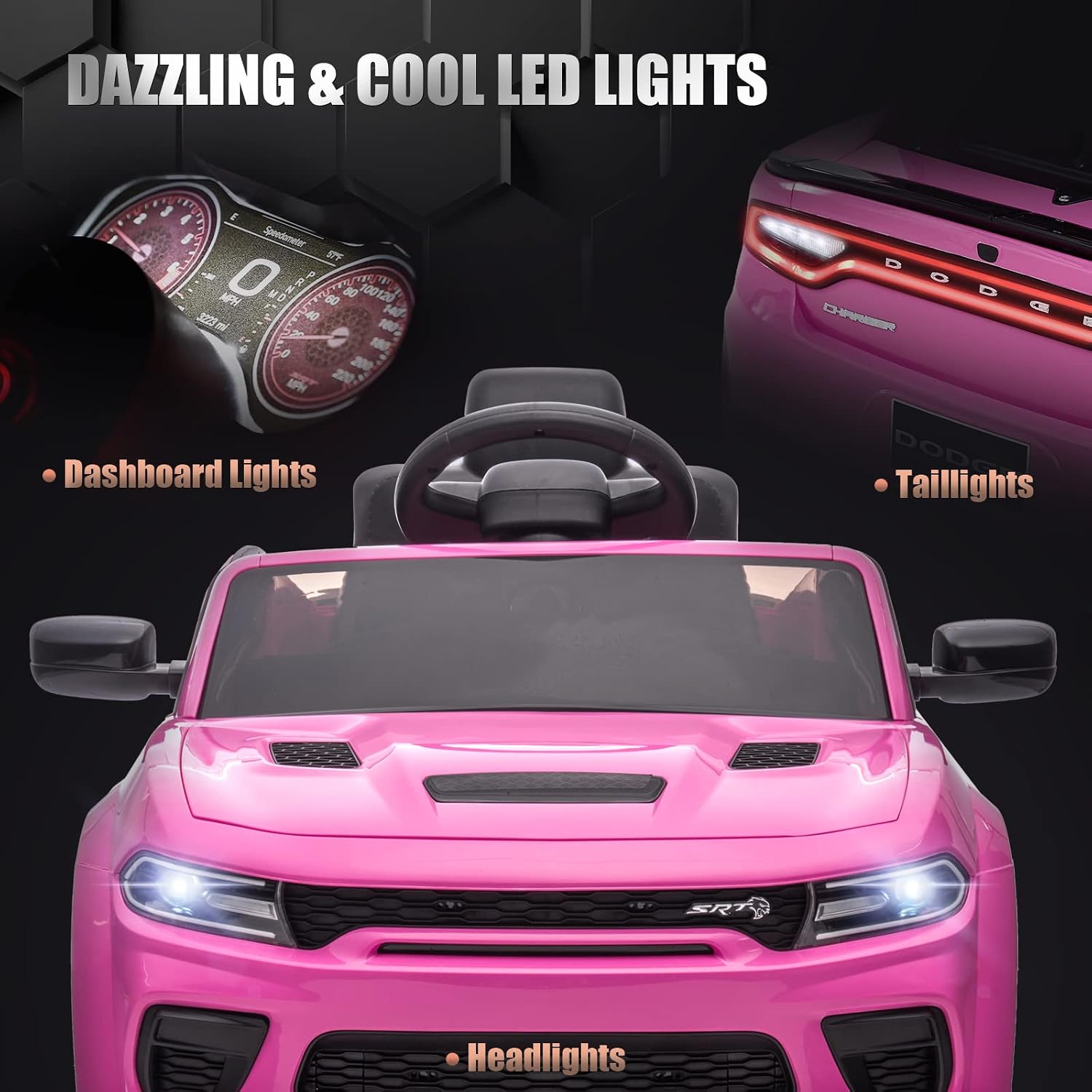 ENYOPRO 12V Dodge Charger SRT Kids Ride On Car w/Parent Remote Control, Electric Power Car Ride On Toy w/4-Wheel Suspension, 3 Speeds, LED Lights, Music Player, Battery Car Gift for Kids Girls, Pink