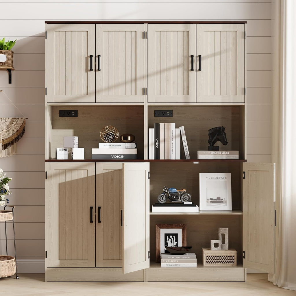 MHOM 71' Tall Pantry Cabinet with Charging Station, Farmhouse Kitchen Hutch with Adjustable Shelves, Modern Kitchen Pantry Storage Cabinet for Dinning Room & Living Room, Antique Oak