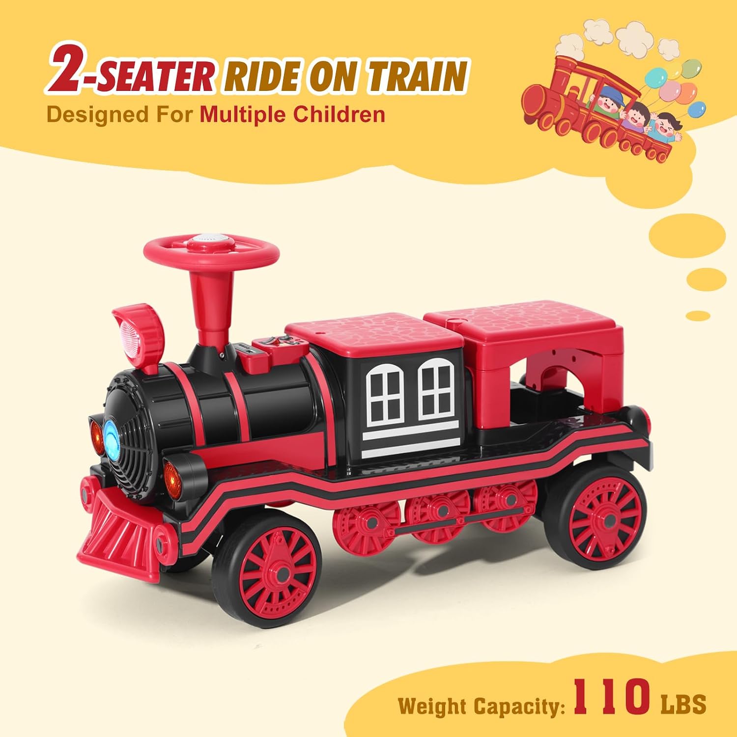 JOYLDIAS 2 Seater Ride On Train, 12V Kids Ride On Toy with Music, Train Honk, Lights, High/Low Speed and Storage, Electric Car for Kids Aged 3+, Red
