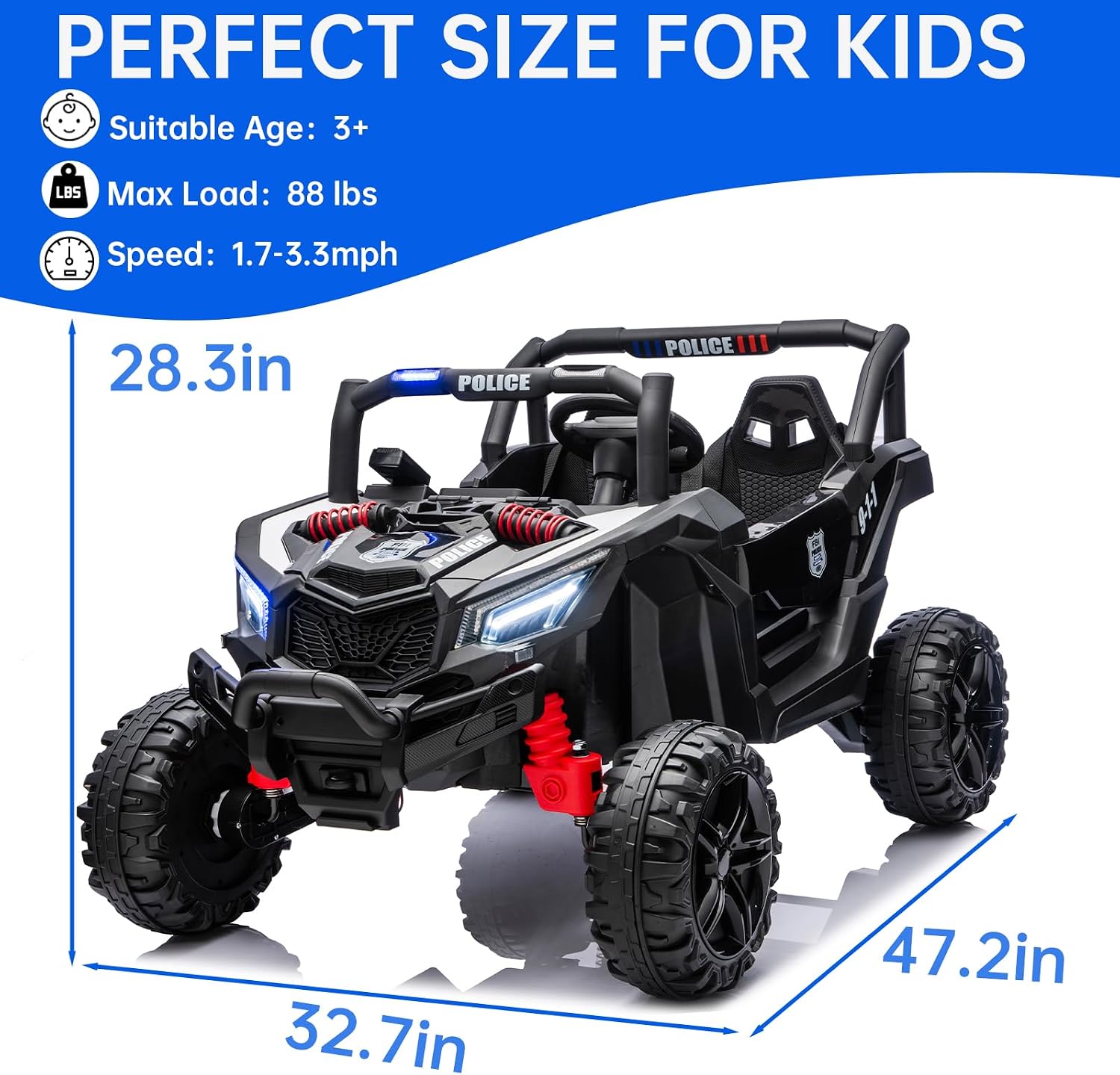 Kid Police 4WD UTV 24V Ride On Toys for Big Kids 2 Seater Ride On Toys Kids | 2 Seater Ride On Car for Kids Side-by-Side UTV Electric Cars for Kids Electric Ride Car Ride On Toys for Kids 4-8