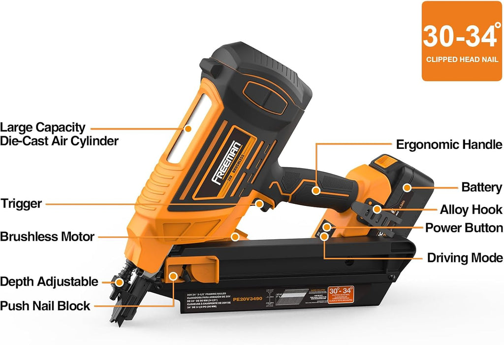 Freeman F20 20V Cordless Brushless Framing Nailer – 34-Degree, 3-1/2' Nails, Dual Mode, Depth Adjust, Includes 4.0Ah Lithium-Ion Battery, Charger, and Bag, PE20V3490