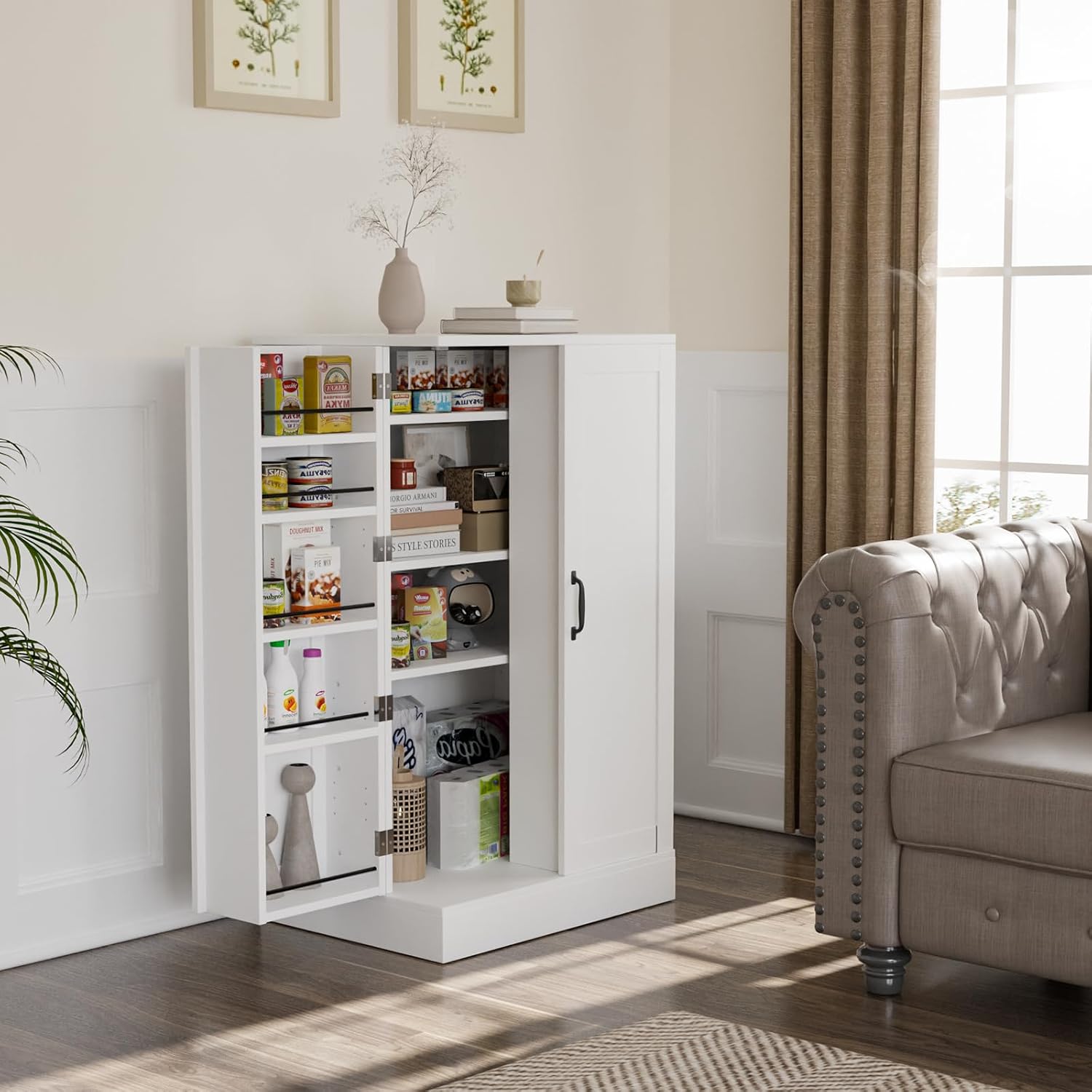 VINGLI Pantry Cabinet, White Kitchen Storage Cabinet with 2 Doors and Adjustable Shelves, 40.5' H Food Storage Freestanding Cupboard for Small Space in Dining Room, Living Room