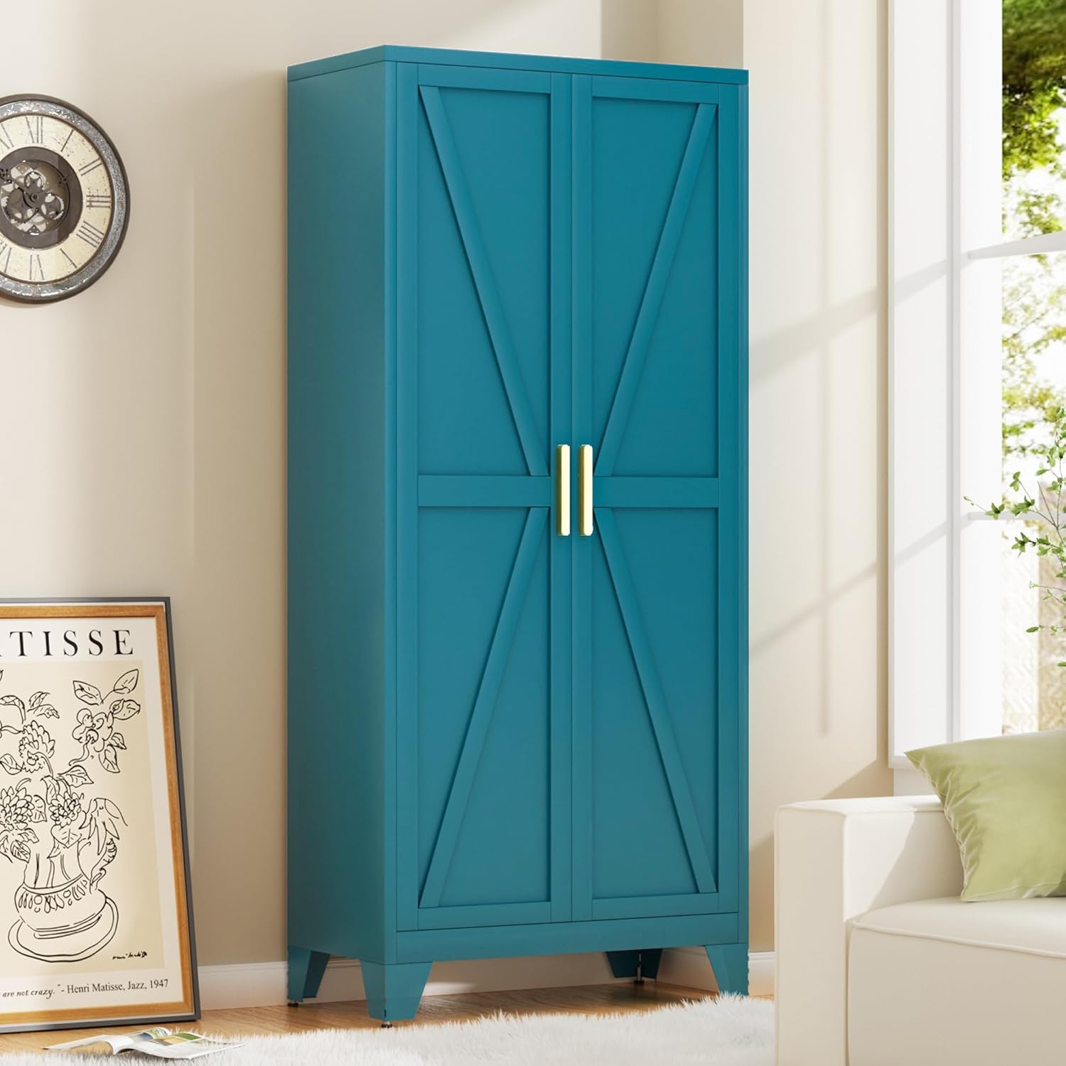 71H Tall Metal Storage Cabinet with 2 Doors and 5 Shelves, Farmhouse Storage Cabinet with Barn Doors, Pantry Storage for Home, Office, Bathroom, Dining Room, Kitchen (Blue)