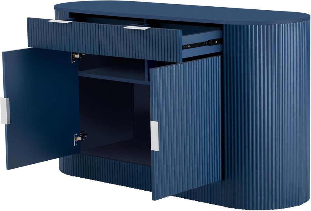 Virubi 55' Fluted Sideboard Buffet Cabinet with Storage,Doors& Gold Handles, Wood Modern Curved Kitchen Coffee Bar Cabinet with Drawers for Living Room,Entryway,Kitchen,Dining Room (Navy Blue)