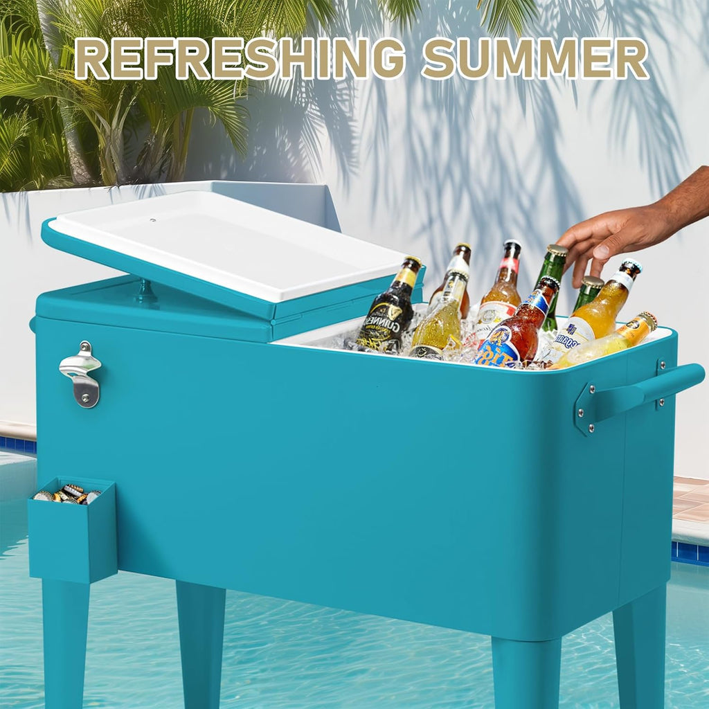 Outvita 80 Quart Rolling Ice Chest, Portable Bar Drink Cooler with Catch Basin, Bottom Storage Tray and Bottle Opener for Patio Party BBQ Beach Activities