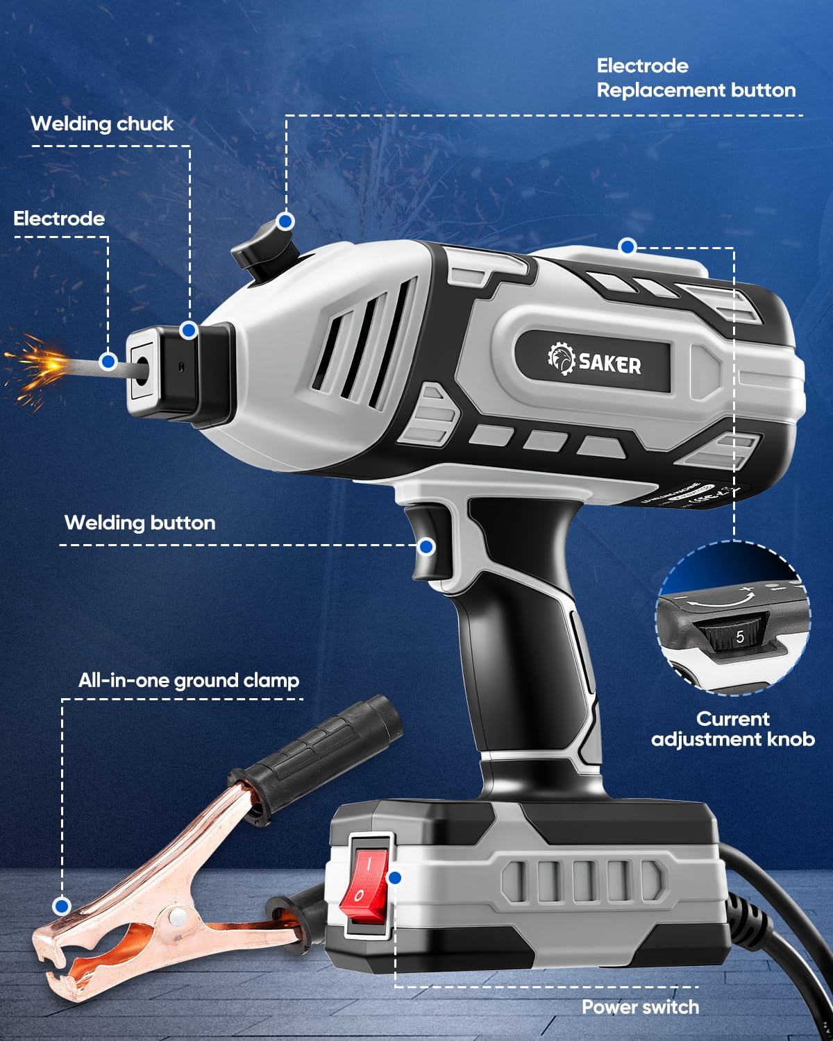Saker Portable Electric Welding Machine,110V Portable Welder Handheld with IGBT Inverter 5 Variable Current Adjustment, ARC Welder Gun, Fits for 3/32' Wire Rods (Grey)