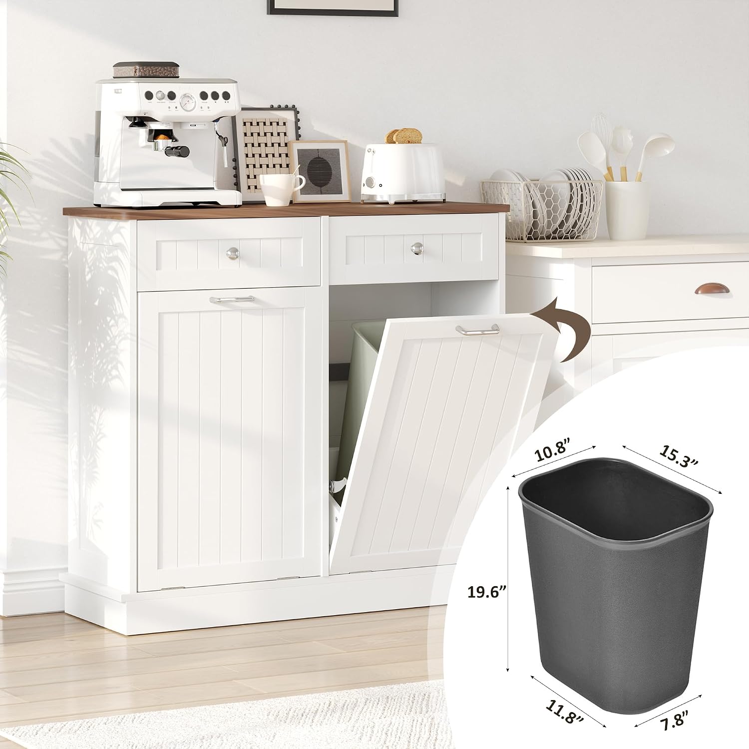 KIGOTY Double Tilt Out Trash Can Cabinet, 20 Gallon Hidden Trash Storage Cabinet with 2 Hideaway Drawers, Freestanding Trash Can for Kitchen, Wooden Laundry Hamper Cabinet, Pet Proof (White-Walnut)