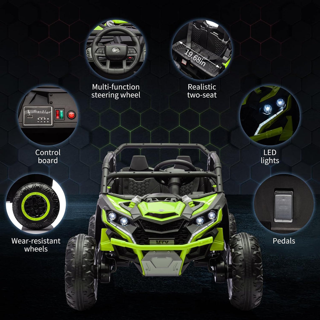 GarveeLife 24V Ride On Utv for Kids, 2 Seater 4WD Electric Truck with Remote Control, High and Low Speed Adjustment, Led Lights,4-Wheel Shock Absorption, One Click Start, Music Player (Green)