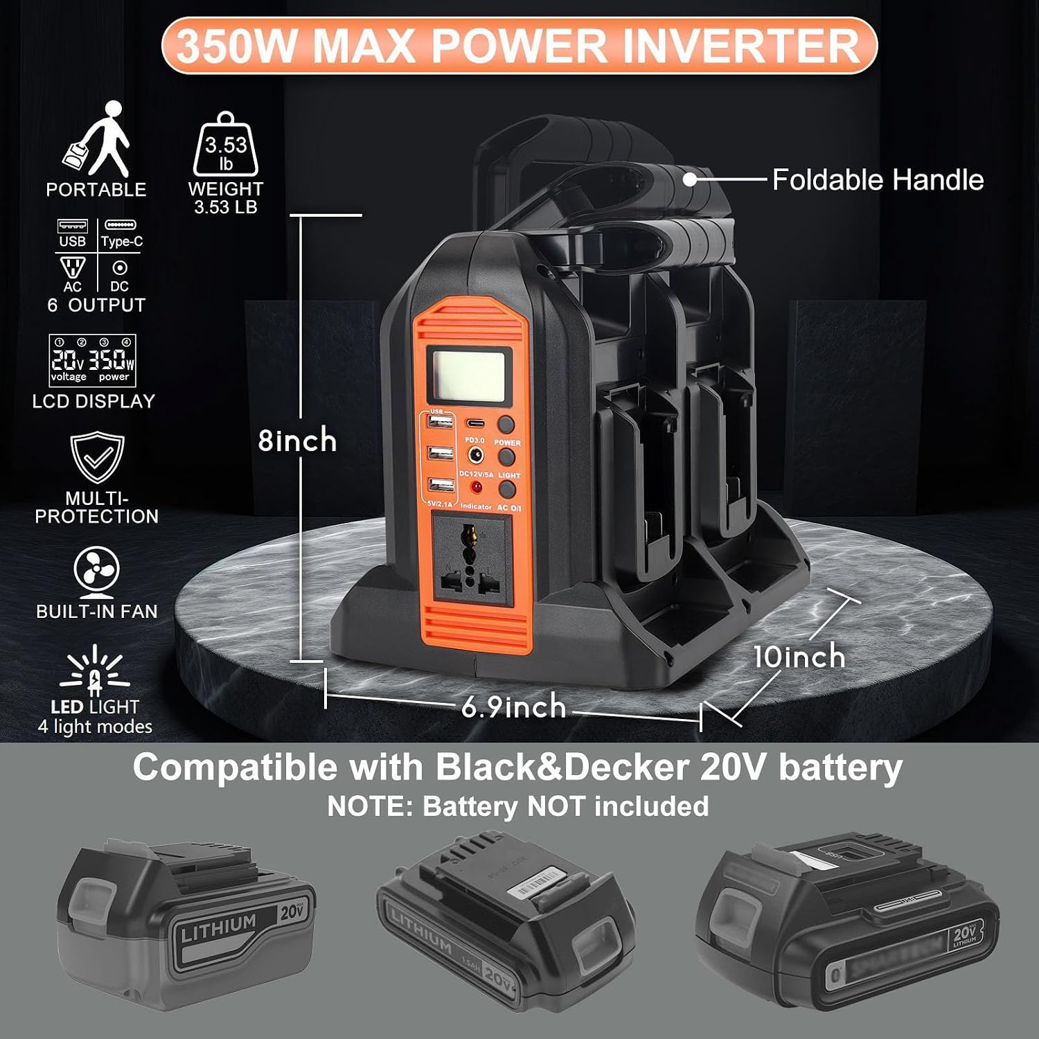 DC 20V to AC 120V Power Inverter for Black and Decker 20V Battery, 350W Pure Sine Wave Power Portable Inverter Converter with LCD Display and LED Light, 4 Battery Port