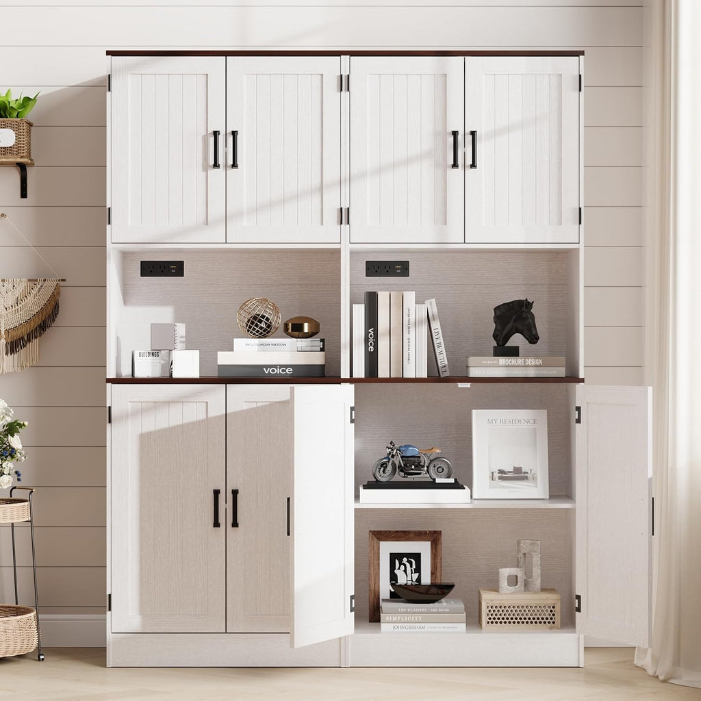 MHOM 71' Tall Pantry Cabinet with Charging Station, Farmhouse Kitchen Hutch with Adjustable Shelves, Modern Kitchen Pantry Storage Cabinet for Dinning Room & Living Room, Antique White