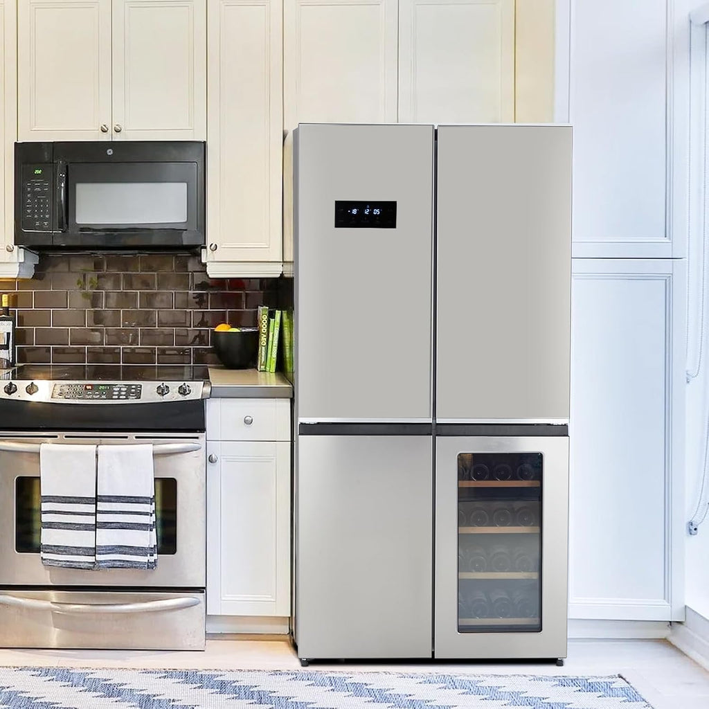 GarveeLife 36 In French Door Refrigerator, 21 Cu.Ft. Counter Depth Refrigerator Bottom Freezer with Wine Cabinet, Stainless Steel 4 Doors Fridges Kitchen Freezer, Adjustable Shelves