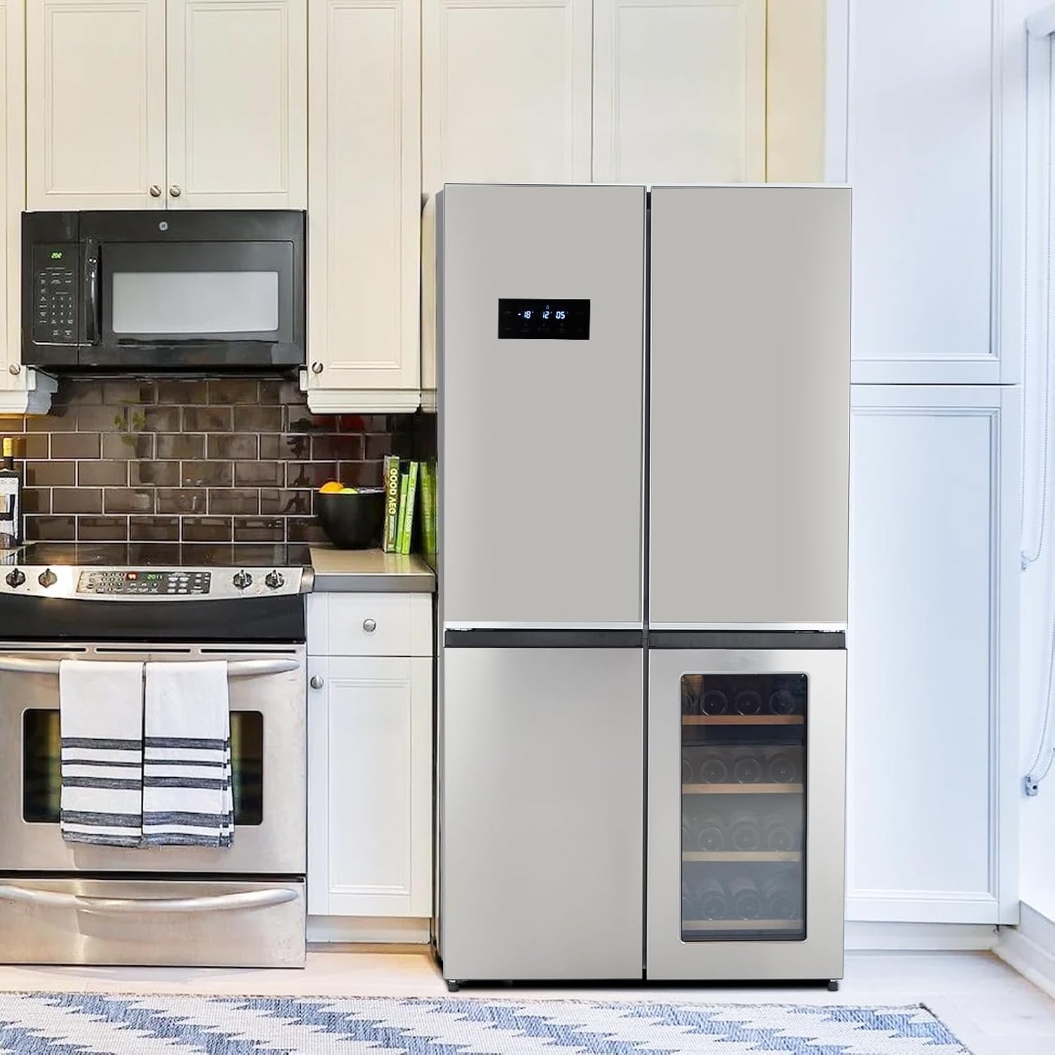 GarveeLife 36 In French Door Refrigerator, 21 Cu.Ft. Counter Depth Refrigerator Bottom Freezer with Wine Cabinet, Stainless Steel 4 Doors Fridges Kitchen Freezer, Adjustable Shelves