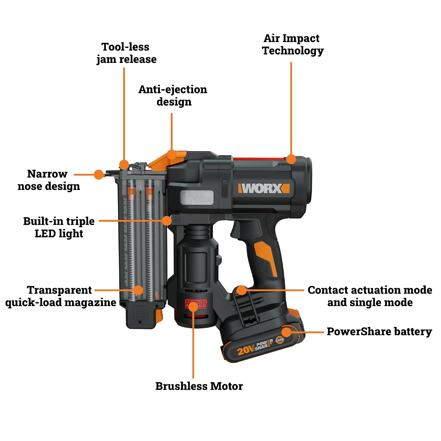 WORX Brad Nailer Cordless, 20V 18 ga Brushless Nail Gun Cordless, High Driving Power, Up to 2-⅛' into Hardwood, Narrow Nose, 3 LEDs, 3000 Nails & 20V 2.0 Ah Battery and Charger Included, PowerShare