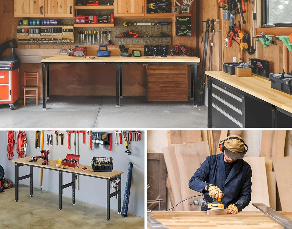 96'Adjustable Work Bench, 5000 LBS Capacity Heavy Duty Workbench with Power Outlet & Pegboard, Rubber Wood Work Table for Garage, Workshop, Office, Home