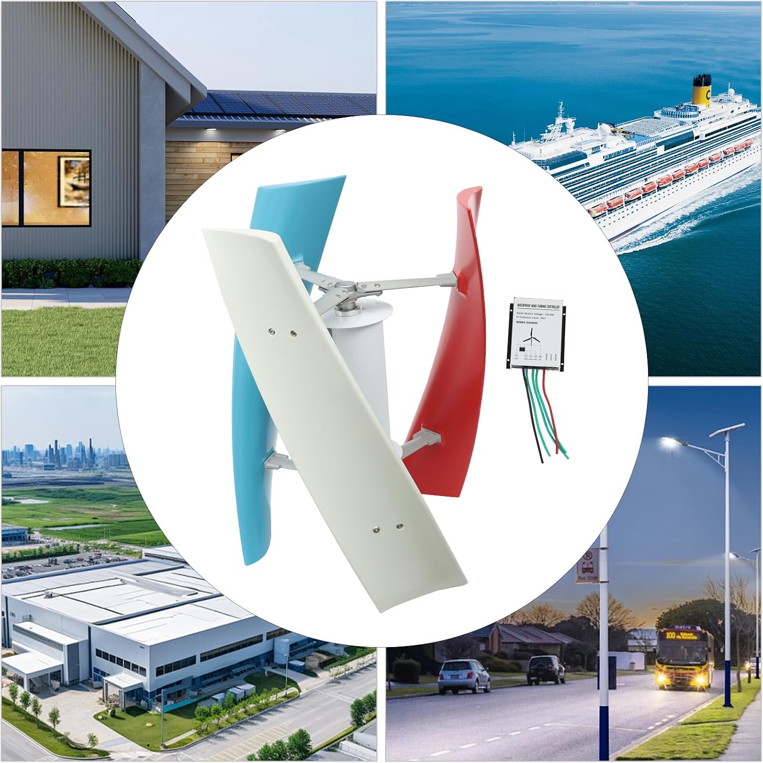 Wind Turbine Generator Kit, 100W 24V Vertical Axis Wind Turbine Generator with Controller & Wind-Assisted Wheel, 3 Blades Wind Power Generator Permanent Magnet Generator for Boats, Gazebos, Home, RV