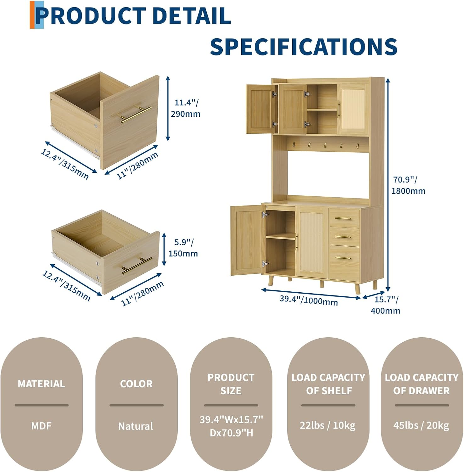 71' Tall Kitchen Pantry Cabinet with Storage, Freestanding Hutch Sideboard Buffet Cabinet with Rattan Door, 3 Drawers, 6 Hooks, Adjustable Shelves, Microwave Stand Countertop for Living Room