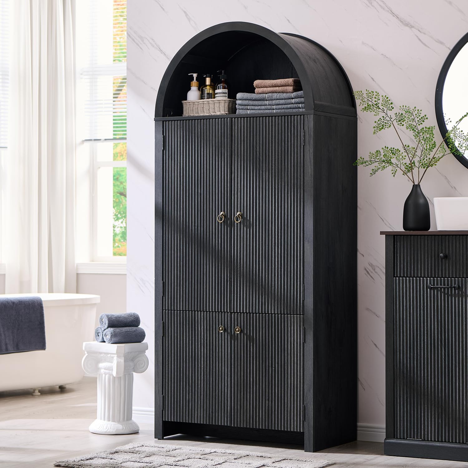 IFBUY 71' Tall Arched Bathroom Storage Cabinet, Modern Fluted Storage Cabinet w/Doors, 3 Adjustable Shelves, 6 Door Shelves, Wood Freestanding Cabinet for Bathroom, Entryway, Hallway, Dark Grey