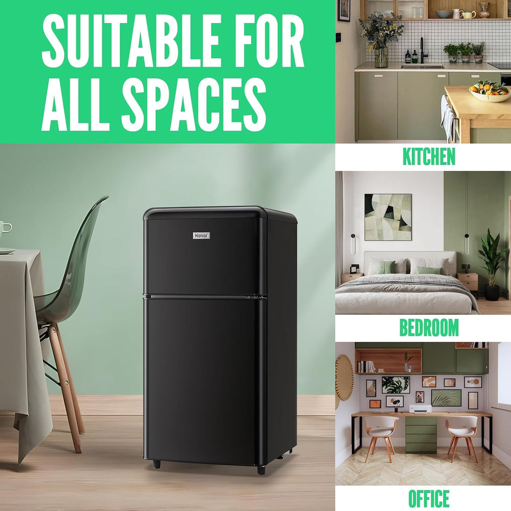 WANAI Retro Mini Fridge with Top Freezer 3.5 Cu.Ft Compact Refrigerator with Seven Adjustable Thermostat Two Door Small Fridge with Removable Glass Shelves for Kitchen Dorm Office Apt Black