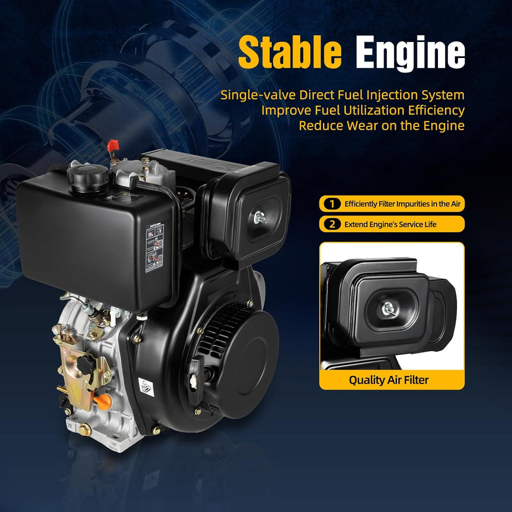 Diesel Engine, 4-Stroke 10hp 418cc Diesel Motor, 6.3kw 3600rpm Vertical Horizontal Shaft Diesel Tiller Motor, w/Recoil Manual Start&Air-Cooled, for Micro-tillers, Drainage, Irrigator, 186FA, Black