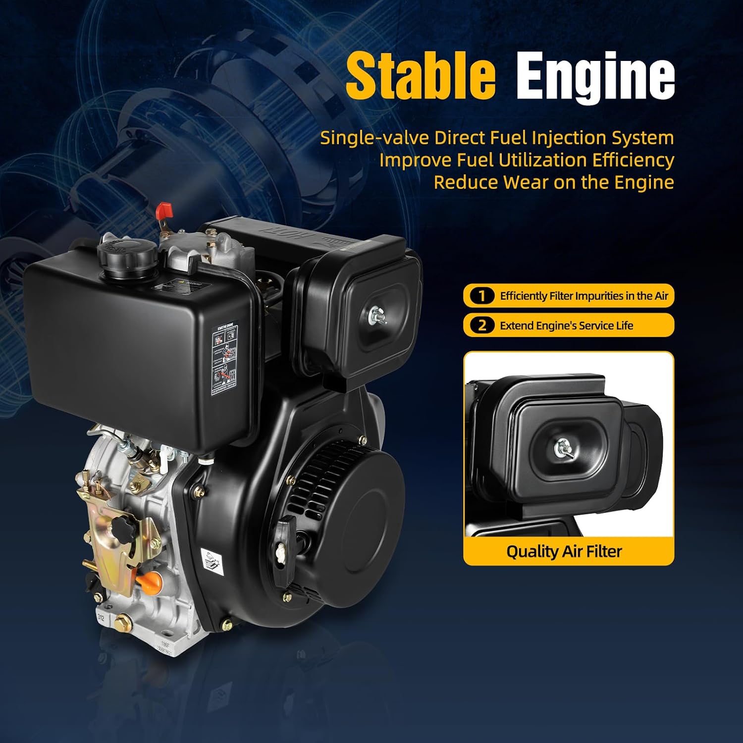 Diesel Engine, 4-Stroke 10hp 418cc Diesel Motor, 6.3kw 3600rpm Vertical Horizontal Shaft Diesel Tiller Motor, w/Recoil Manual Start&Air-Cooled, for Micro-tillers, Drainage, Irrigator, 186FA, Black