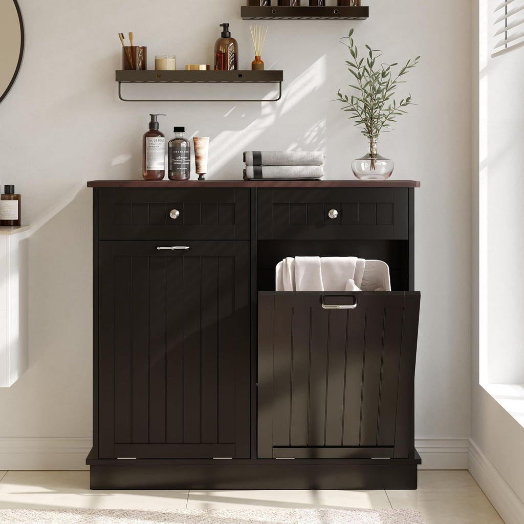 KIGOTY Double Tilt Out Trash Can Cabinet, 20 Gallon Hidden Trash Storage Cabinet with 2 Hideaway Drawers, Freestanding Trash Can for Kitchen, Wooden Laundry Hamper Cabinet, Pet Proof (Black)