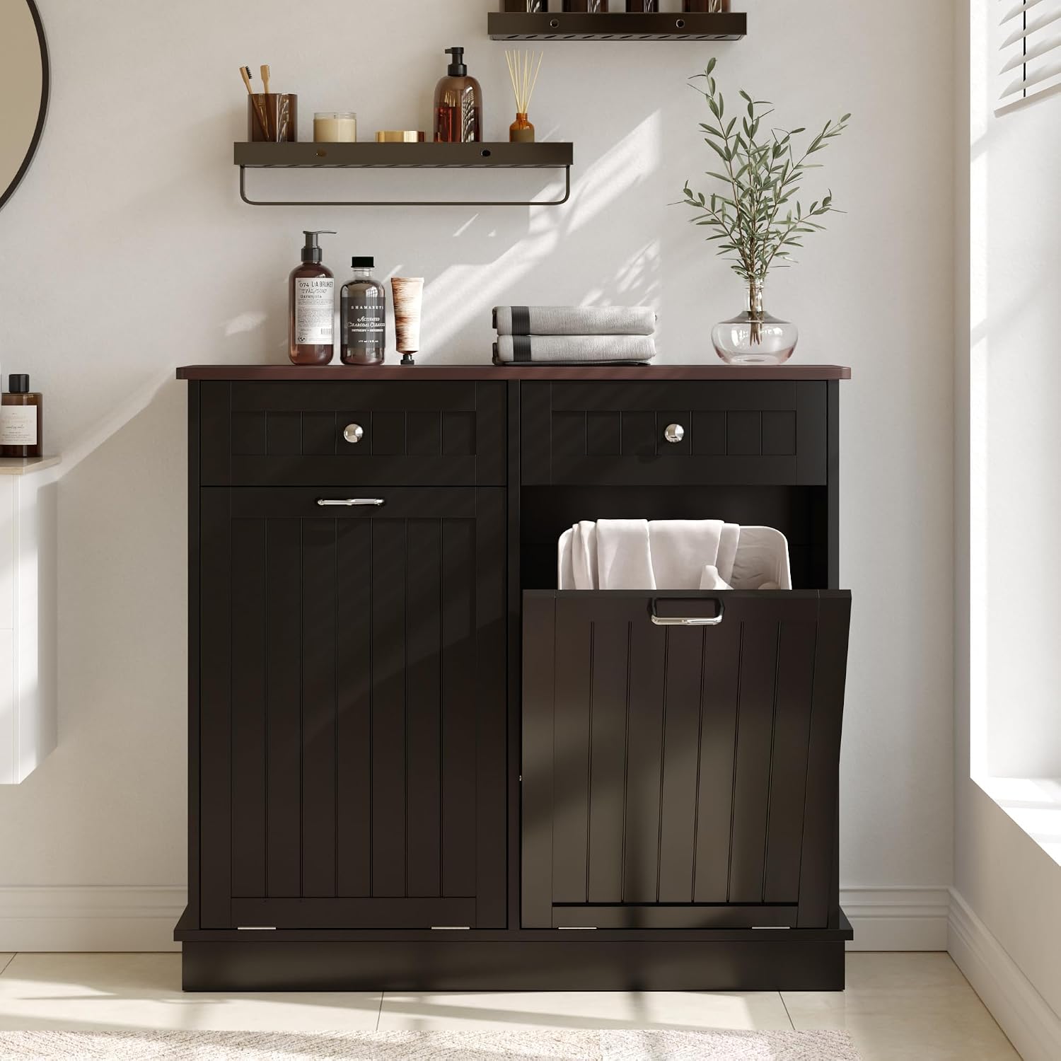 KIGOTY Double Tilt Out Trash Can Cabinet, 20 Gallon Hidden Trash Storage Cabinet with 2 Hideaway Drawers, Freestanding Trash Can for Kitchen, Wooden Laundry Hamper Cabinet, Pet Proof (Black)