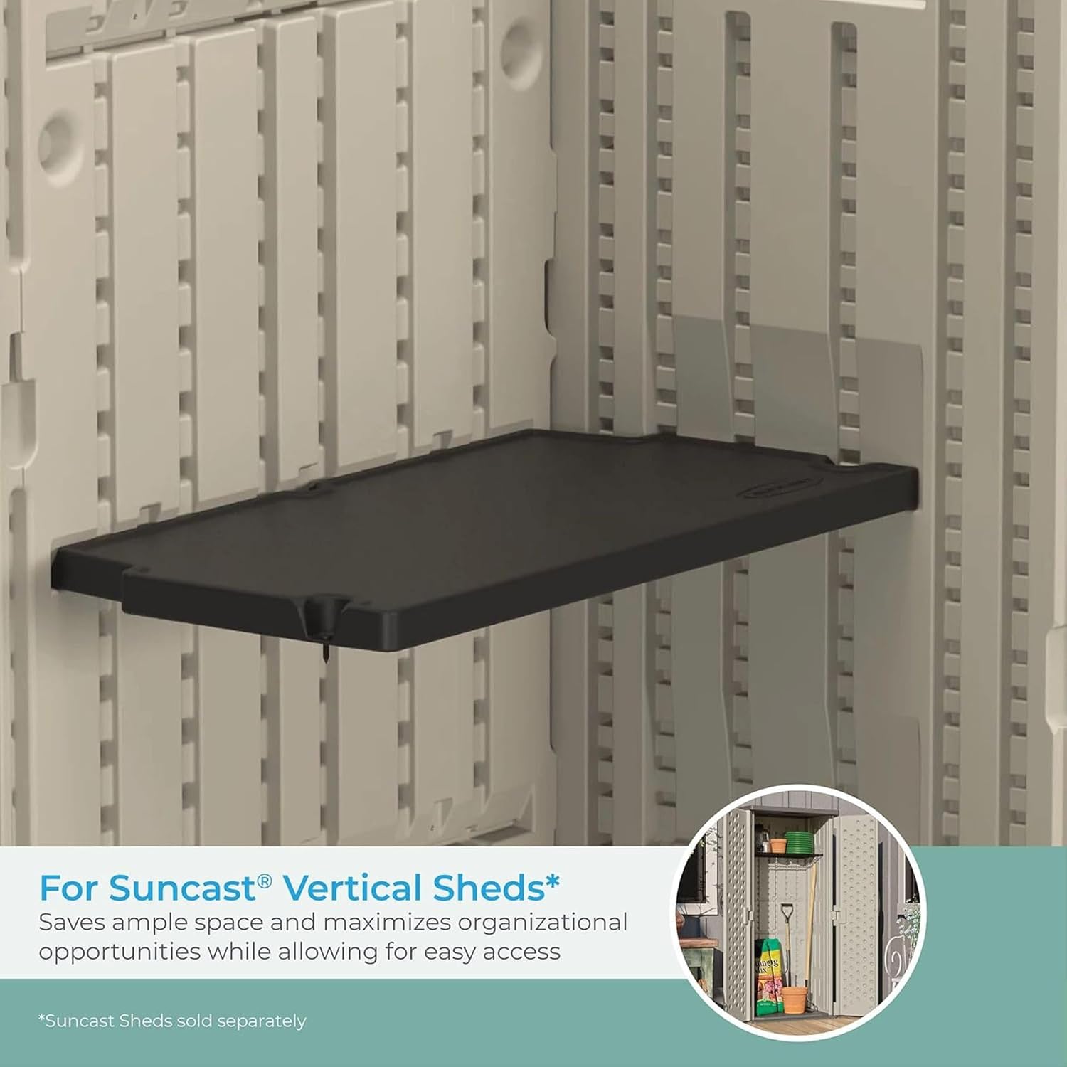 Suncast 3 Pack Vertical Shed Shelf Kit, Space Saving Shelving for Wall Mount Outdoor Storage Structures, 27.75' W x 14.5' D x 1.25' H, Black