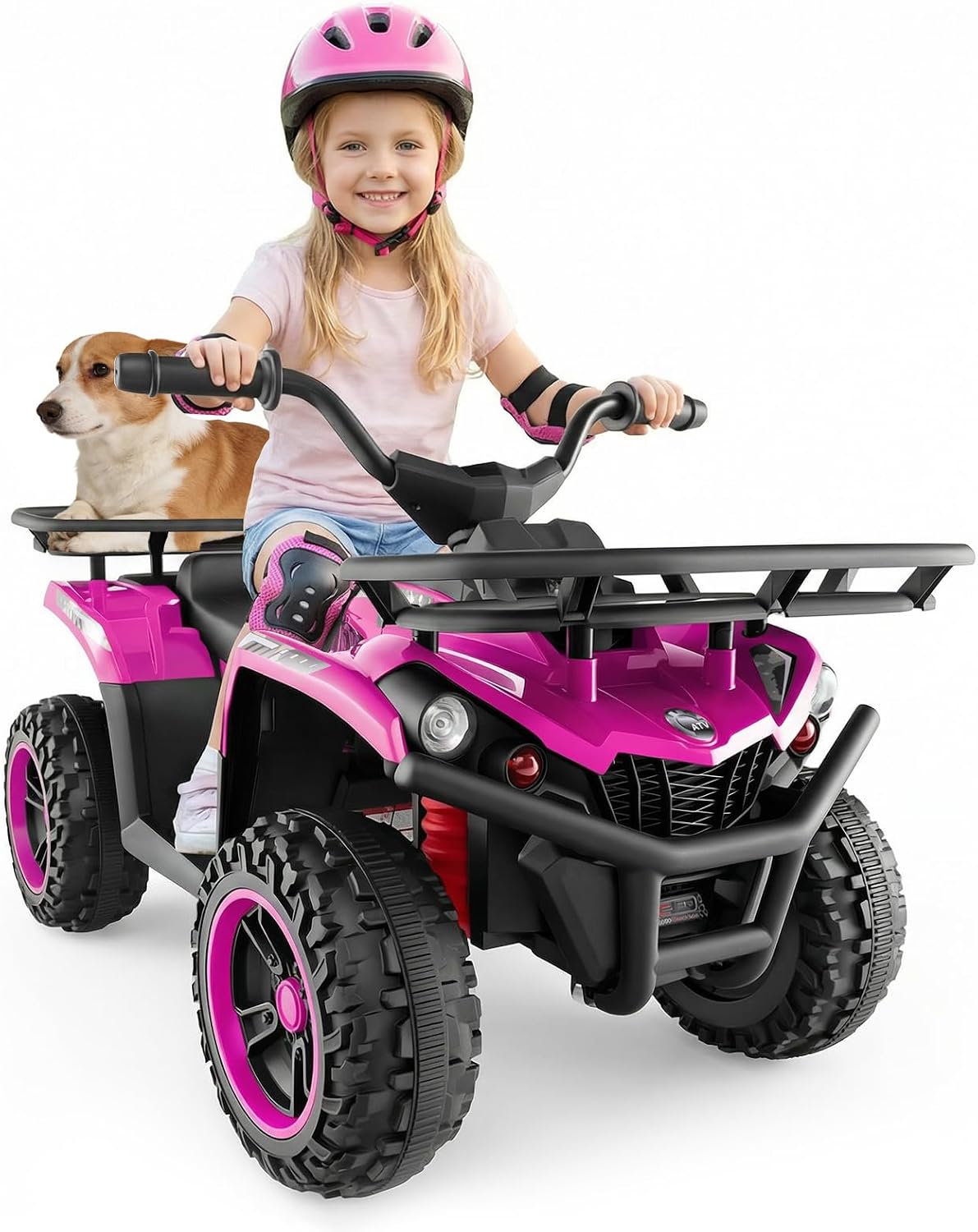 OLAKIDS 12V Kids ATV Quad with 2 Speeds, Spring Suspension, LED Lights, Music & Story Player, Big Tires, 2 Storage Spaces, Ride On Car for Boys Girls Ages 3+ (24V, Light Pink)