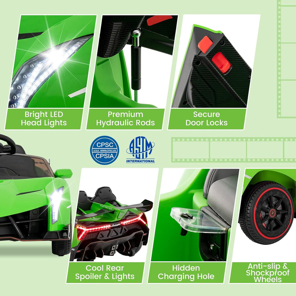 Costzon Ride on Car, Lamborghini Licensed 12V Battery Powered 4WD Sports Car with Remote Control, 3 Speeds, Hydraulic Doors, LED Lights, Towing Wheel, Horn, Music, Electric Vehicle for Kids Aged 3-8
