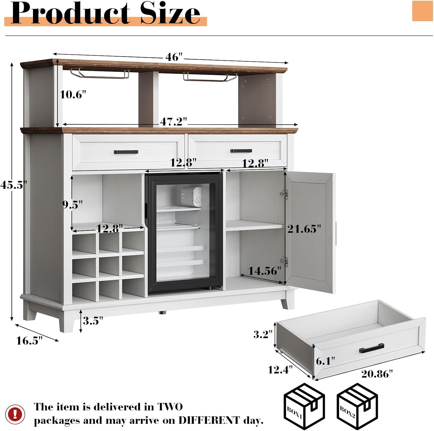 AMERLIFE 47' Farmhouse Coffee Bar Cabinet with 15' Refrigerator & Wine Rack & Glass Holder, Wine Cabinet with Storage Drawers & Open Shelves, Sideboard Buffet Cabinet for Dinging Room, Living Room