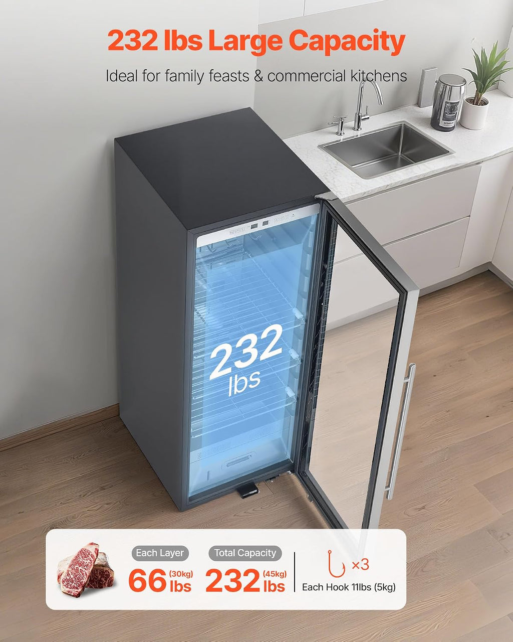 VEVOR 232 LBS Dry Aging Fridge for Steaks, Dry Ager Refrigerator for Meat with Precise Temperature & Humidity Control, Freestanding Beef Aging Machine Refrigerator, Himalayan Salt Not Included