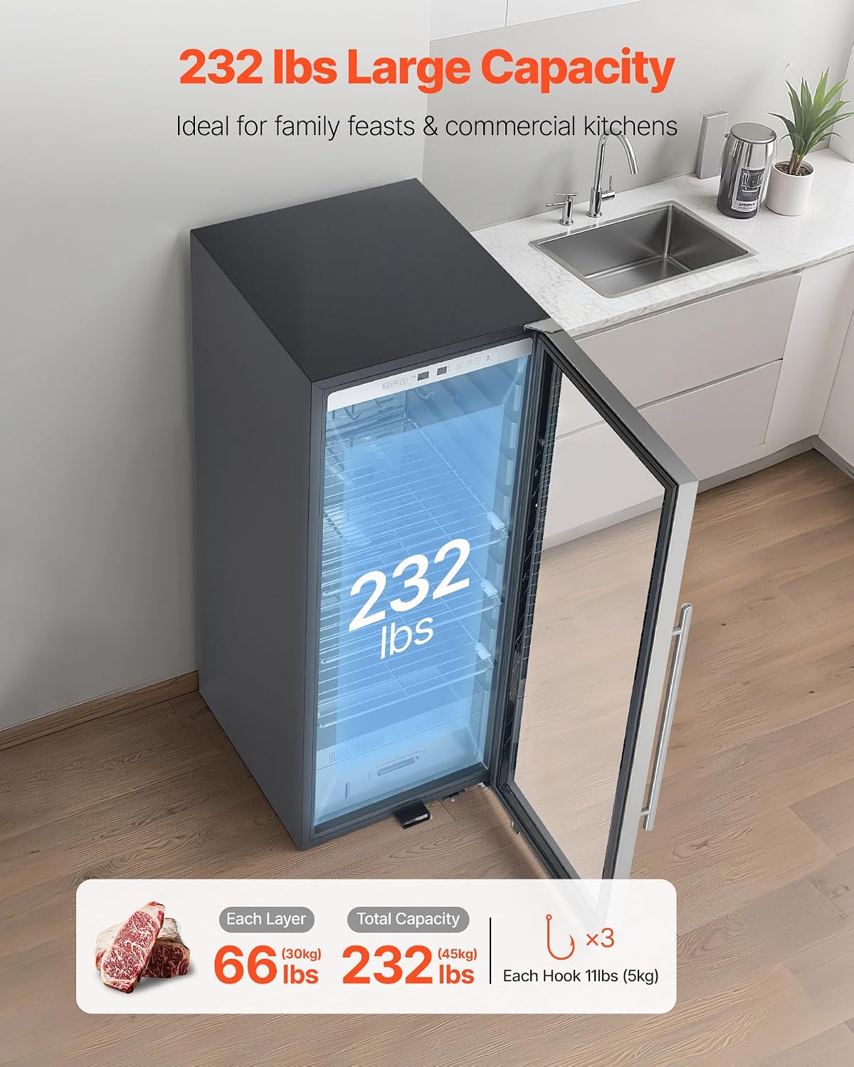 VEVOR 232 LBS Dry Aging Fridge for Steaks, Dry Ager Refrigerator for Meat with Precise Temperature & Humidity Control, Freestanding Beef Aging Machine Refrigerator, Himalayan Salt Not Included