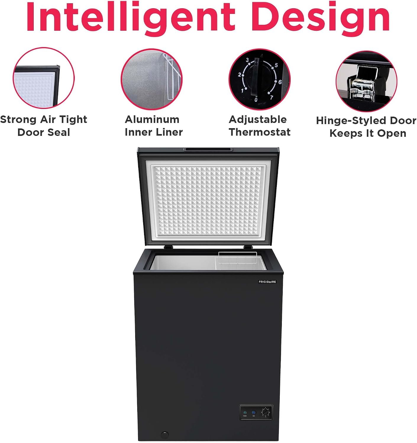 FRIGIDAIRE EFRF5003-BLACK Chest Deep Freezer-Garage-Ready, 5.0 Cu. Ft. Capacity, Black-Adjustable Thermostat-Removable Vinyl Coated Wire Basket-Easy Defrost Drain